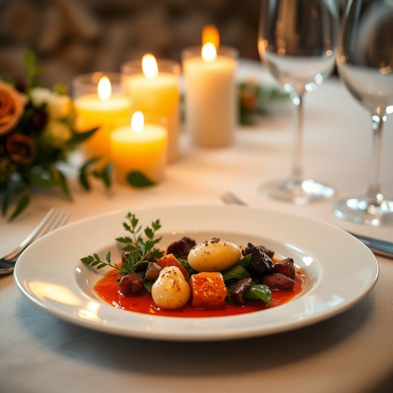 Beautifully plated seasonal wedding dinner course on white porcelain under amber candlelight