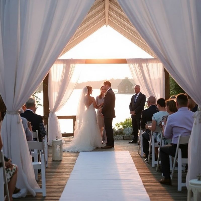 Lakeside wedding in Muskoka with a linen-draped pavilion at sunset
