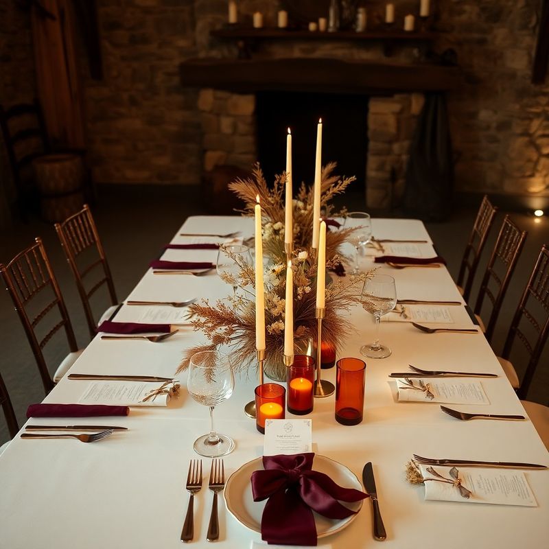 Wedding reception tablescape with dried botanicals, amber candles, and velvet ribbon details