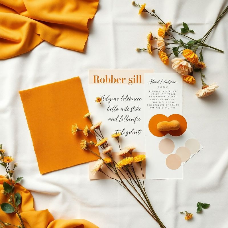 Design mood board with amber-gold fabric swatches, pressed flowers, and typography samples