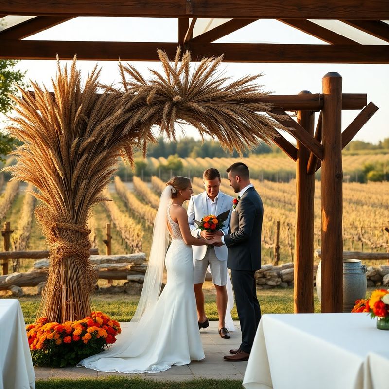 Prince Edward County vineyard wedding with dried wheat and marigold arch