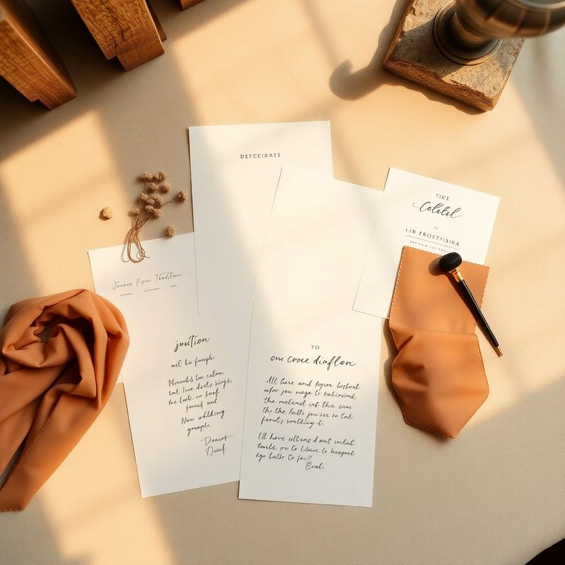 Wedding planning documents and fabric swatches arranged on cream linen in amber light