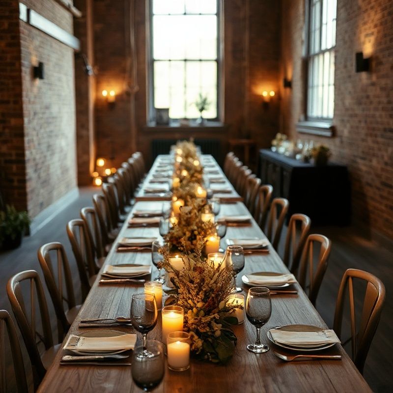 Dinner reception in a Distillery District loft with long harvest tables and amber candlelight