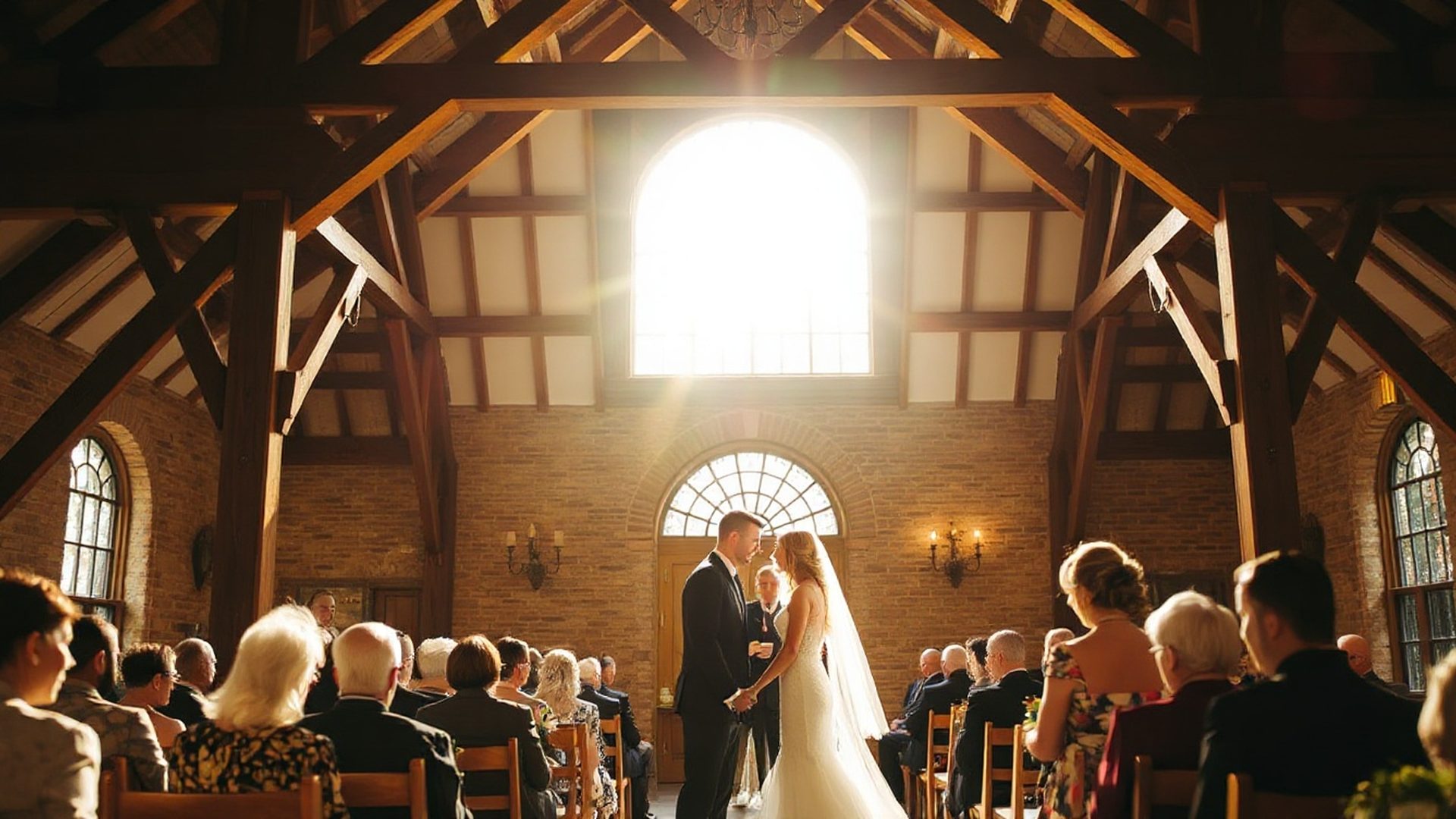 Sunlit Toronto heritage wedding ceremony with amber-gold light and timber trusses