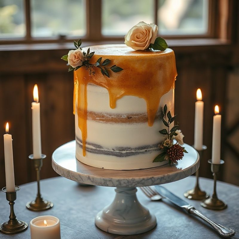 Wedding cake with pressed botanical decorations on a marble stand