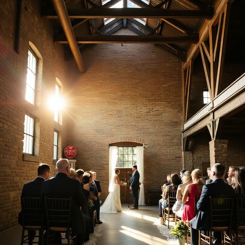 Converted heritage warehouse interior with timber beams and amber afternoon light