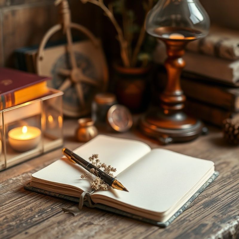 Warm studio desk with notebook, ink pen, and dried flower sprig under an amber lamp